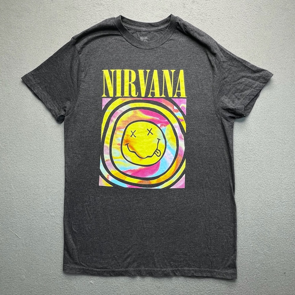 Nirvana Smiley Face Tie Dye T Shirt Charcoal Grey Large